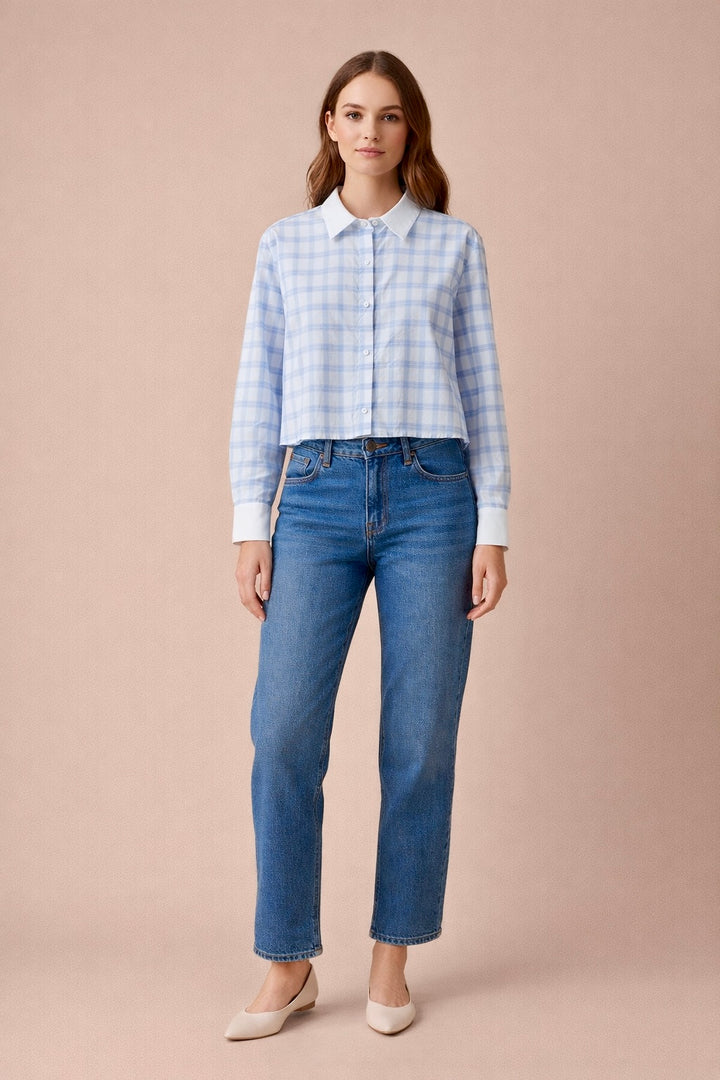 Danielle Plaid Contrast Collar Button Down Blouse