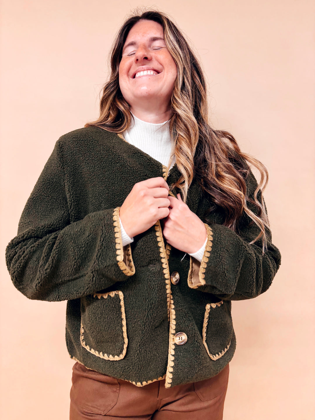 Rowena Contrast Stitch Sherpa Jacket