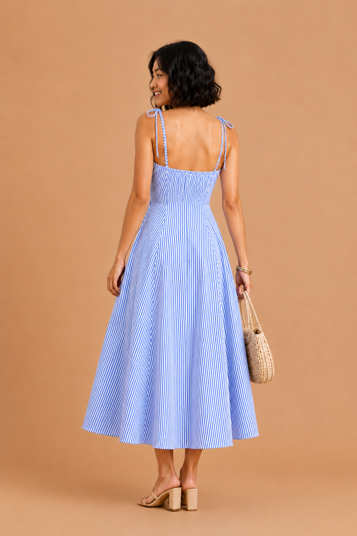 Quinn Coastal Striped Tie Shoulder Button Front Midi Dress
