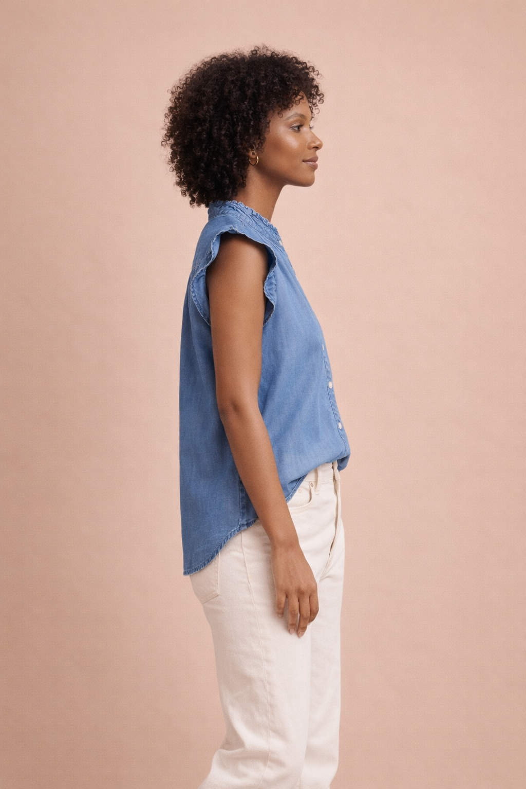 Skylar Denim Ruffle Sleeve Button-Up Blouse