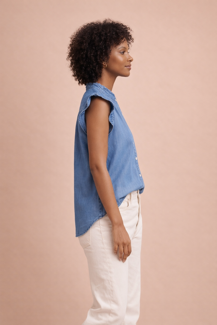 Skylar Denim Ruffle Sleeve Button-Up Blouse
