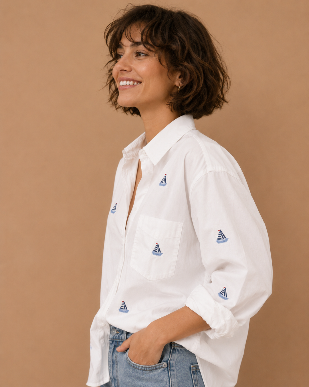 Ophelia Embroidered Sailboat Button Down Shirt