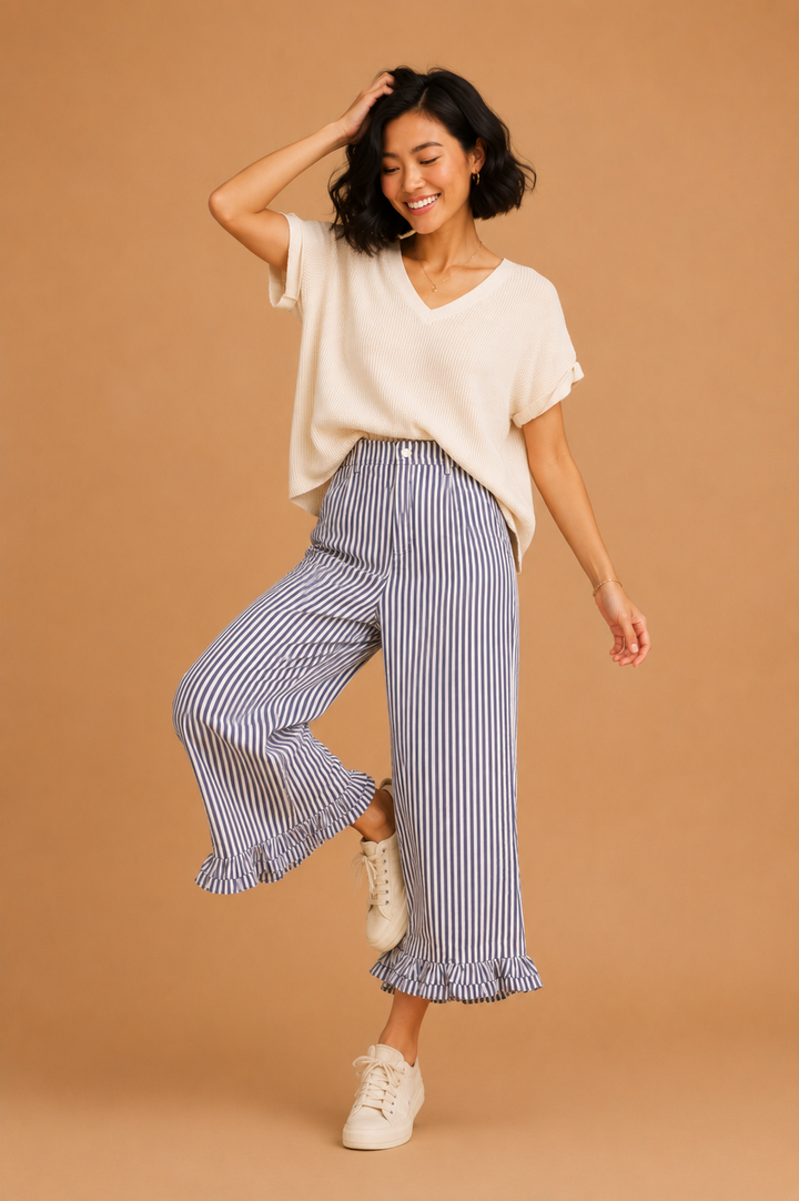 Genevieve Ruffle Hem Accent Stripe Casual Pants