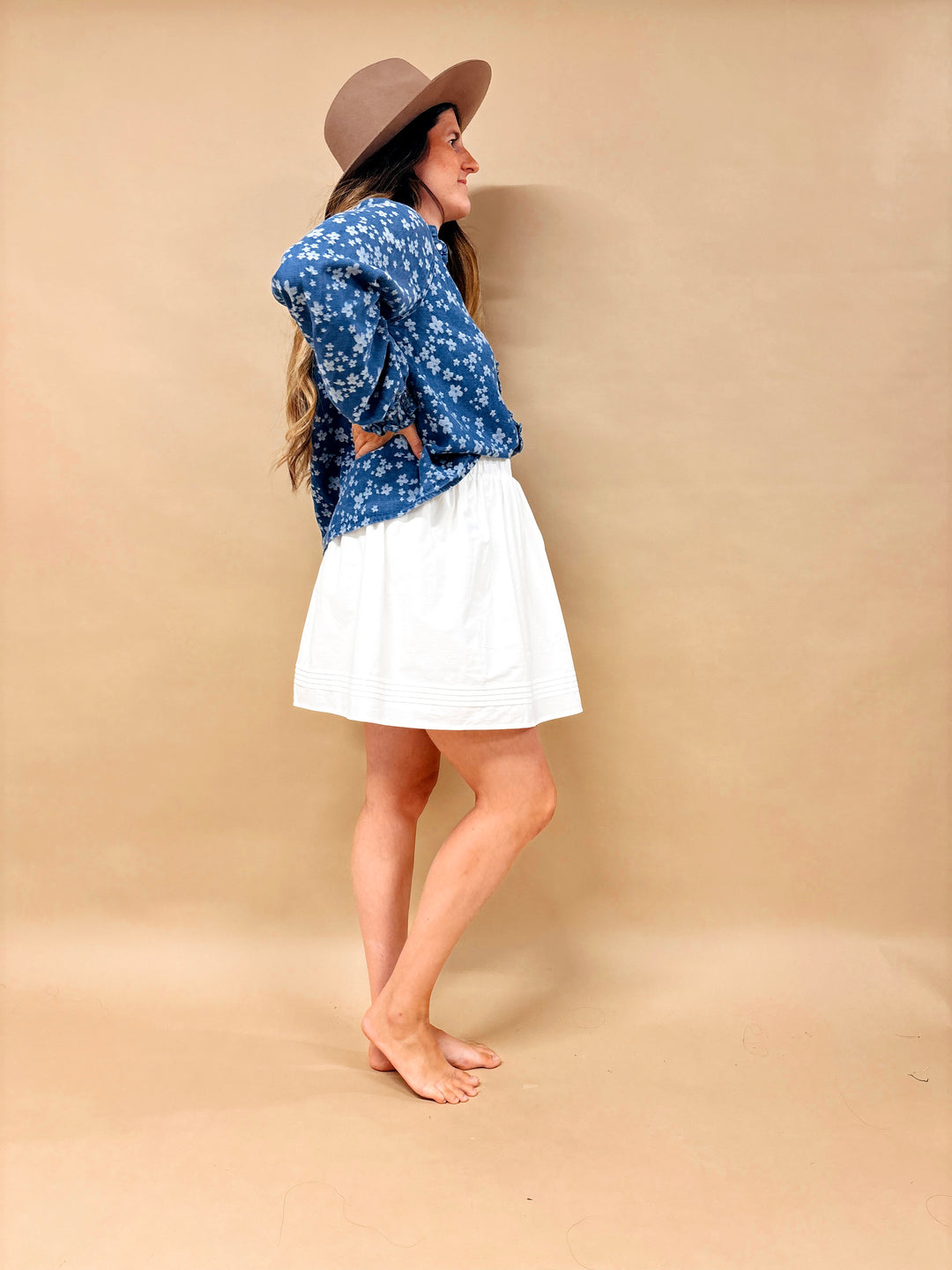 Olive Ruffled Floral Denim Button Down Top