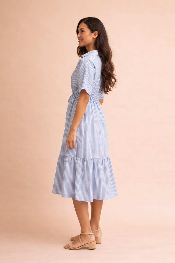 Madeline Drawstring Waist Tie Stripe Midi Dress