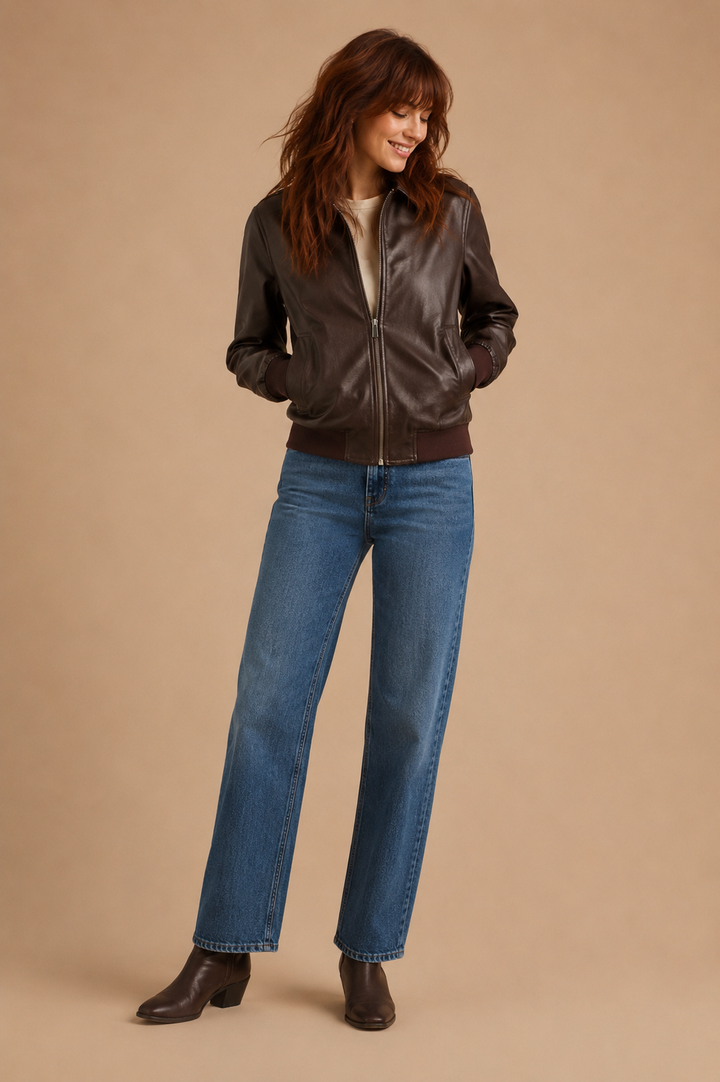 Reina Faux Leather Collared Bomber Jacket