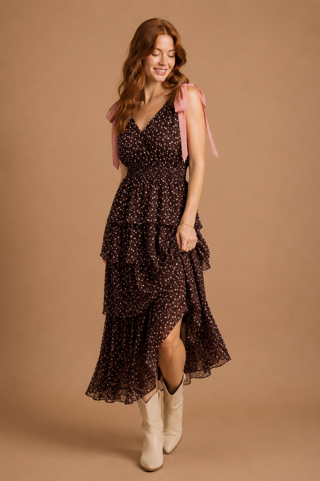 Leona Whispering Petals Textured Chiffon Tie Shoulder Maxi Dress