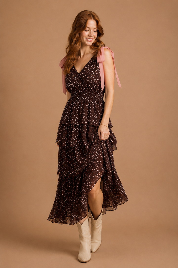Leona Whispering Petals Textured Chiffon Tie Shoulder Maxi Dress