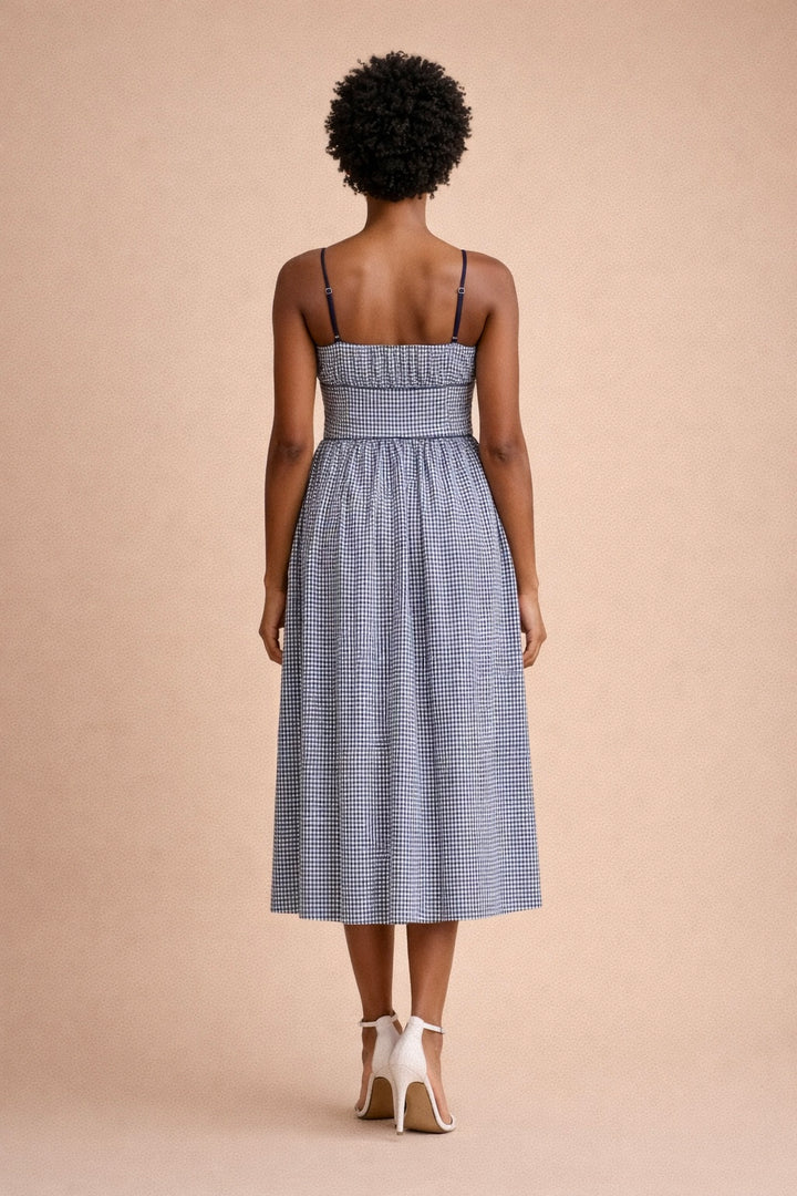 Brielle Gingham Bow Tie Front Ruched Bodice Midi Dress