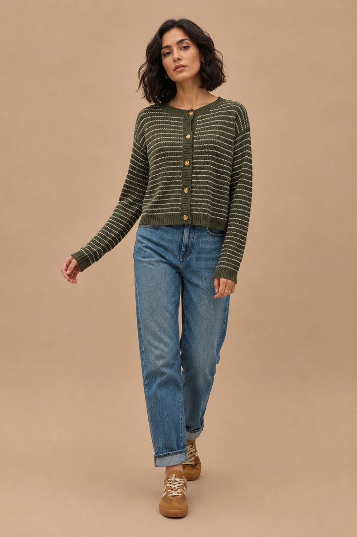 Imogen Striped Waffle Knit Boxy Cardigan