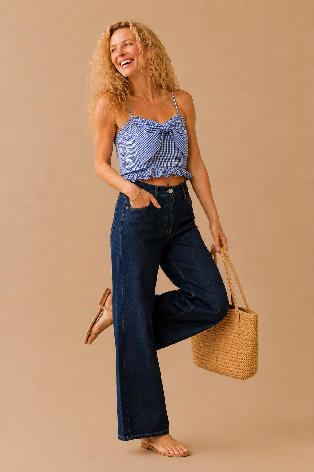 Camille Gingham Ruffle Hem Bow Front Tank Top