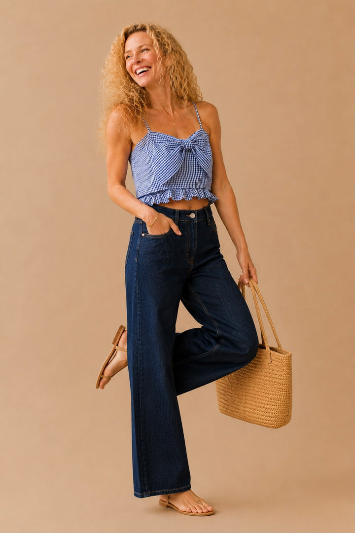 Camille Gingham Ruffle Hem Bow Front Tank Top