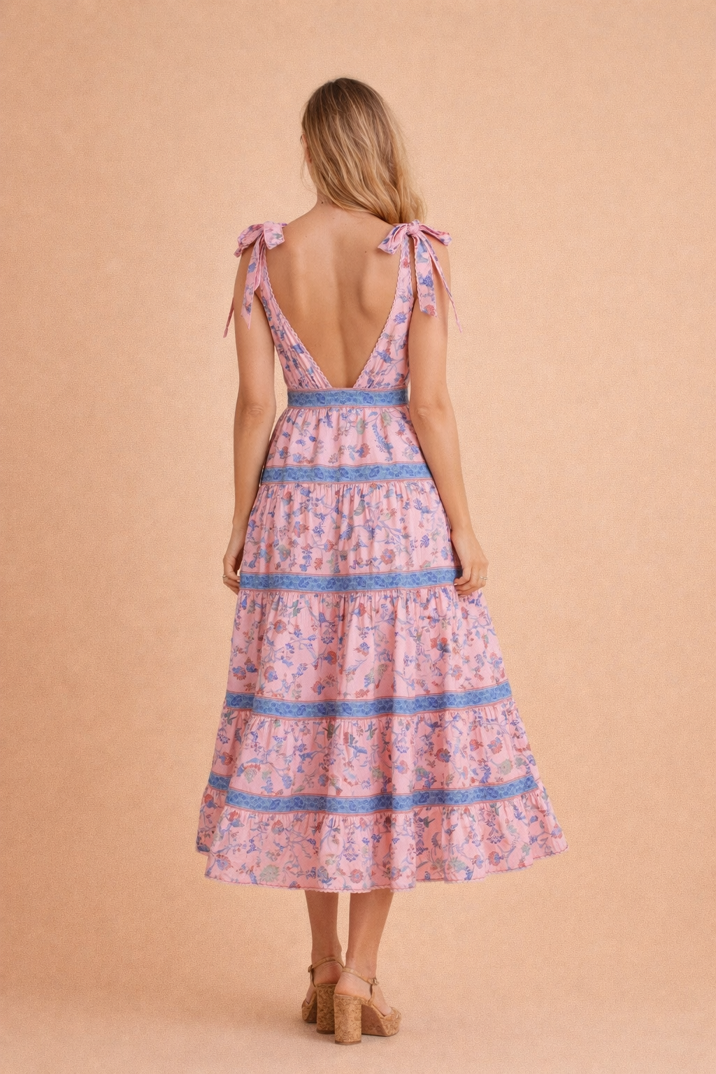 Faith Bold Floral Print Tiered Midi Dress With Shoulder Ties