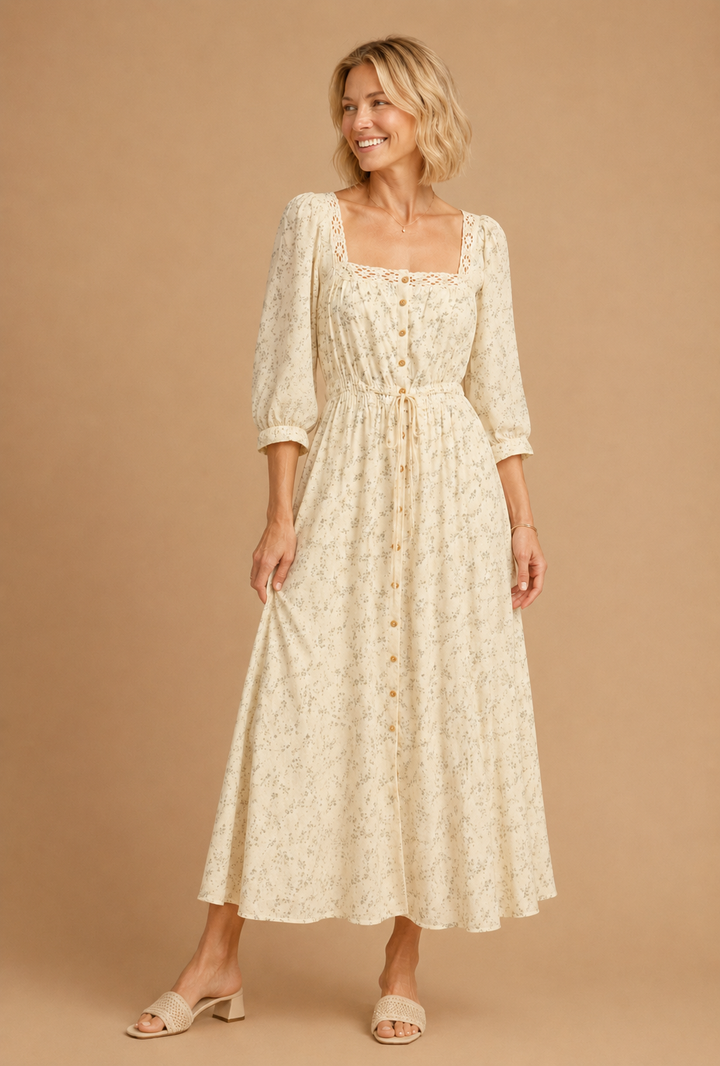 Gigi Floral Print Lace Trimmed Square Neck Maxi Dress