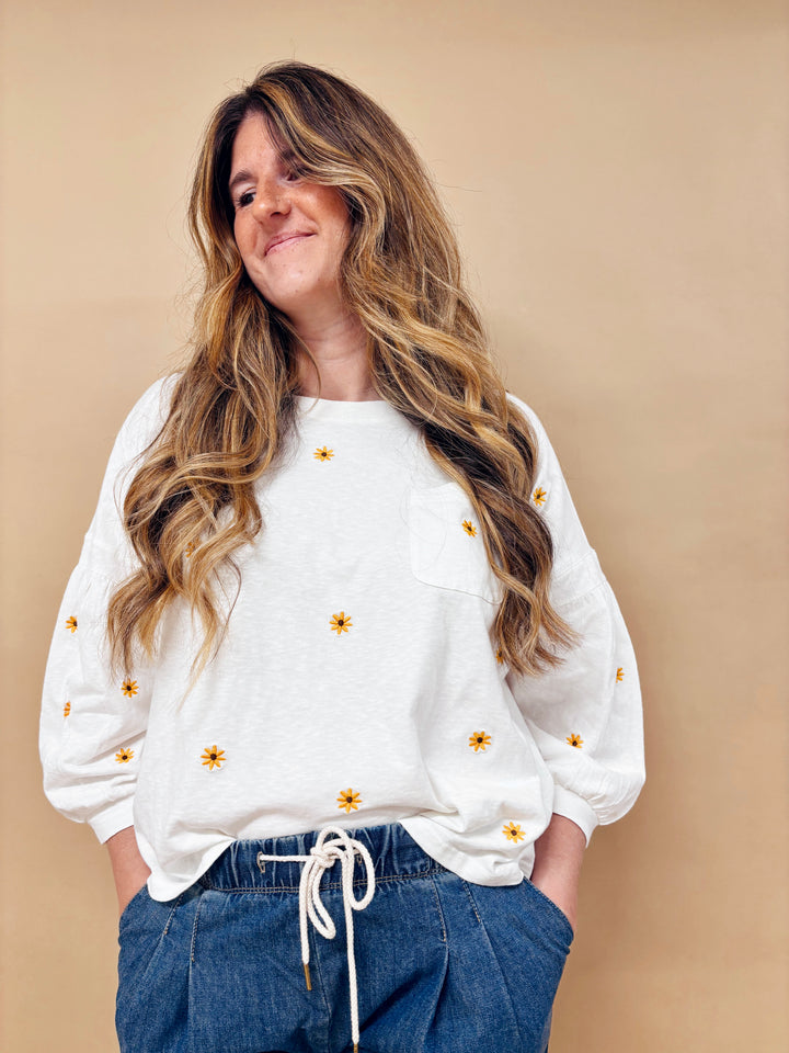 Julienne Daisy Embroidered Long Sleeve Cotton Top