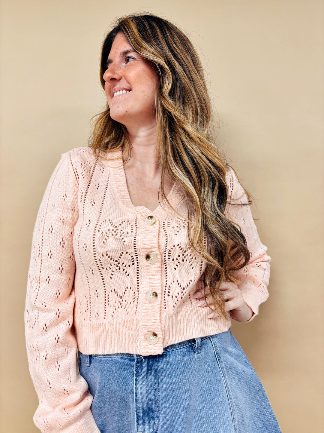 Karina V-Neck Bow Front Pointelle Button Down Cardigan