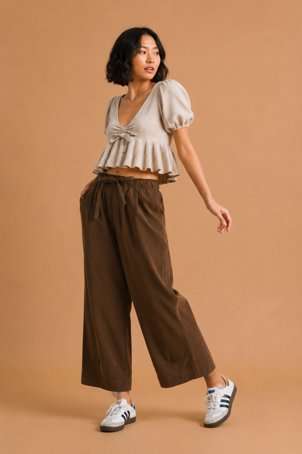 Callie Twill Wide Leg Pants With Drawstring Tie