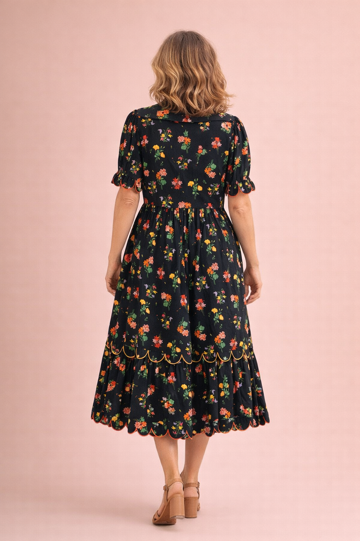 Isabella Embroidered Scallop Edge Detail Floral Midi Dress