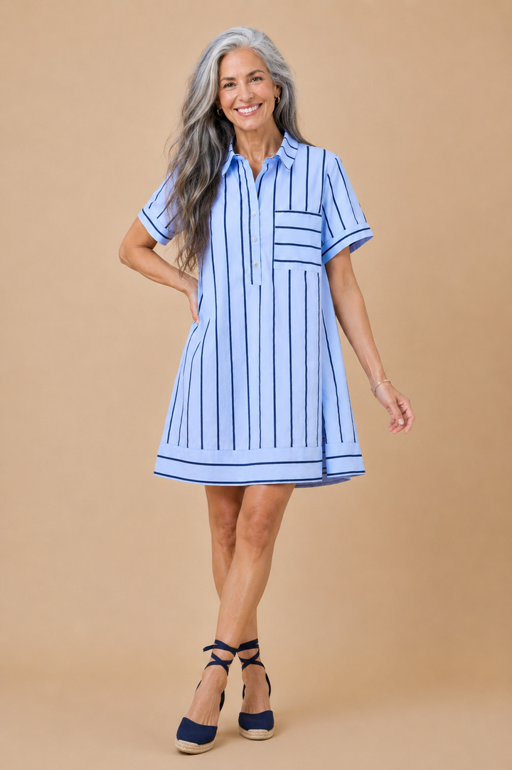 Phoebe Striped Short Sleeve Collared A-Line Shirtdress