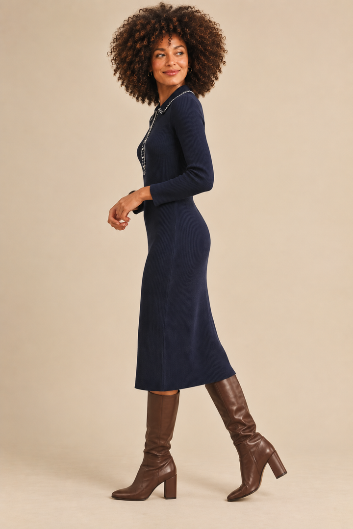 Riley Ribbed Knit Whipstitch Hem Collar Midi Sweater Dress