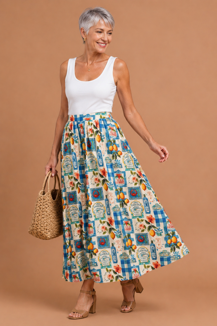 Zinnia Vintage Print A-Line Midi Skirt