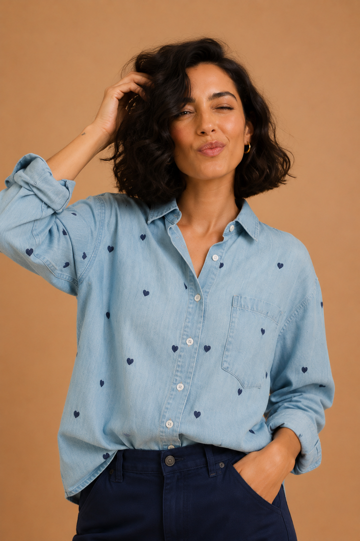 Bianca Heart Embroidered Denim Shirt