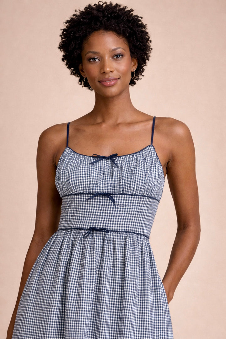 Brielle Gingham Bow Tie Front Ruched Bodice Midi Dress