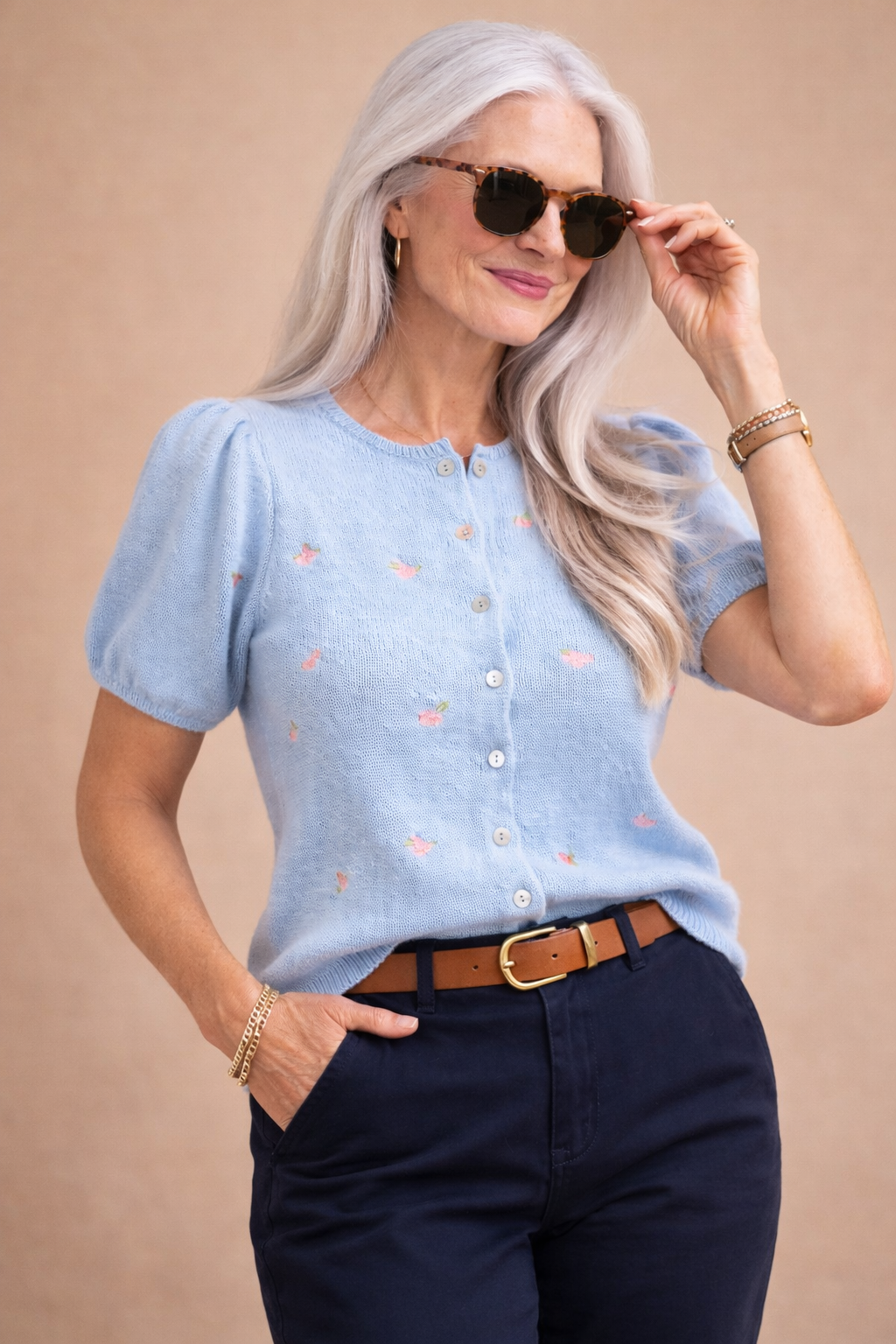 Freya Floral Embroidered Puff Sleeve Button Down Knit Top