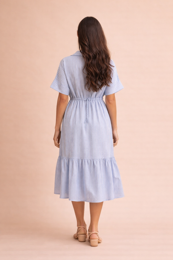 Madeline Drawstring Waist Tie Stripe Midi Dress