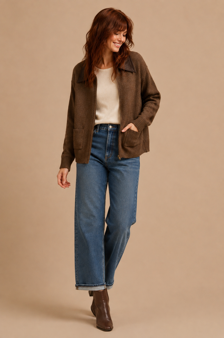 Orla Faux Leather Collar Zip Up Sweater Cardigan