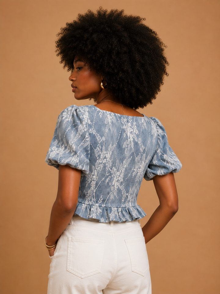 Isabelle Lace Overlay Peplum Denim Top