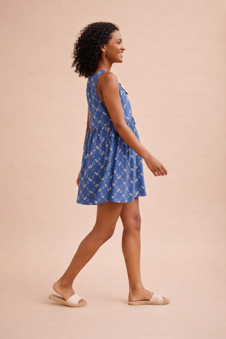 Zara Chambray Floral Embroidered Bow Front Mini Dress