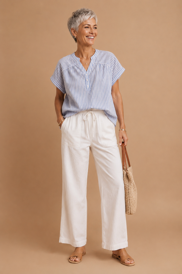 Clara Harbor Morning Striped Drop Shoulder Blouse Top