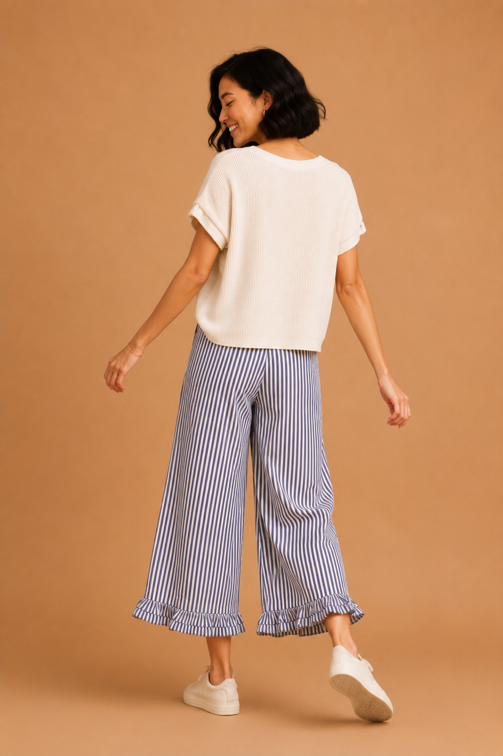 Genevieve Ruffle Hem Accent Stripe Casual Pants