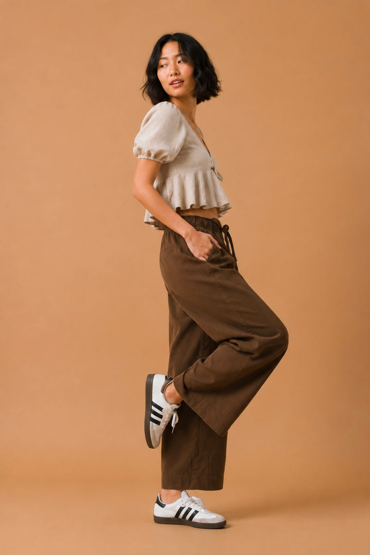 Callie Twill Wide Leg Pants With Drawstring Tie