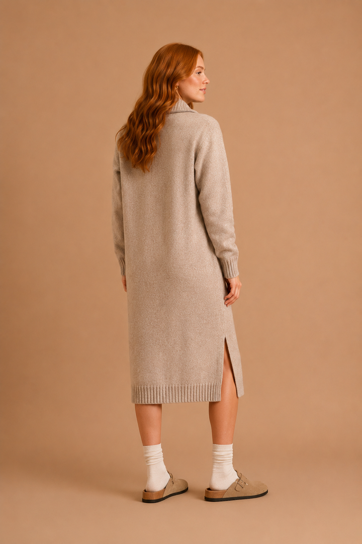 Helena Knit Ribbed Trim Half-Zip Collar Side Slits Midi Sweater Dress
