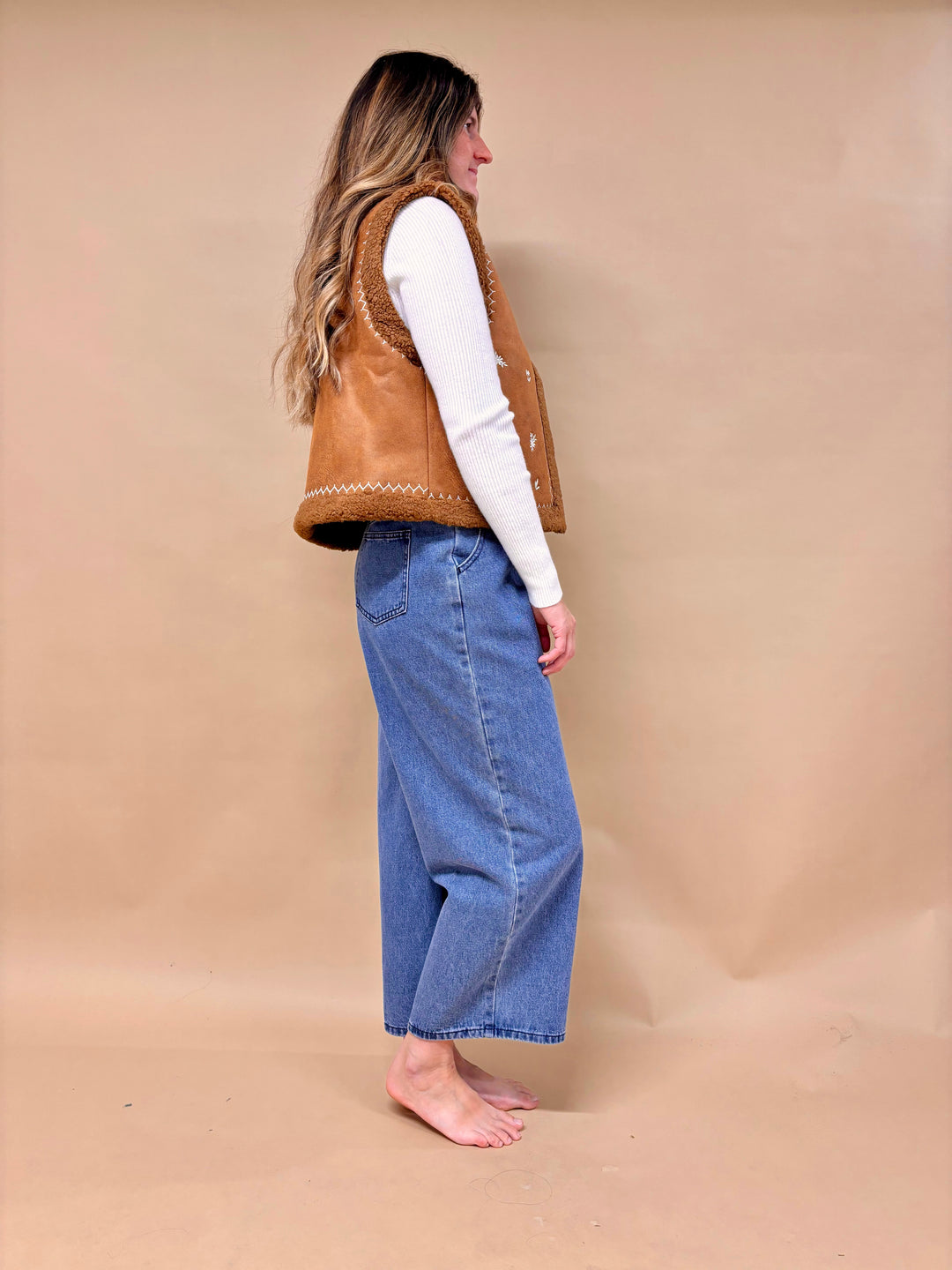 Charlotte Embroidered Suede Sherpa Lined Vest