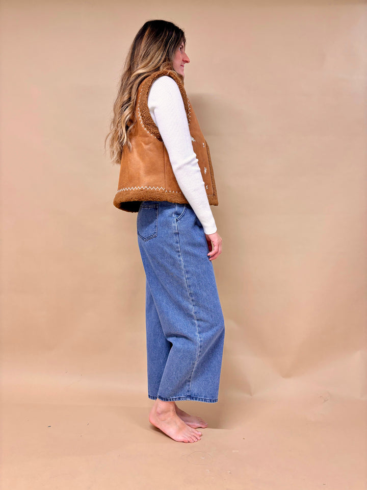 Charlotte Embroidered Suede Sherpa Lined Vest