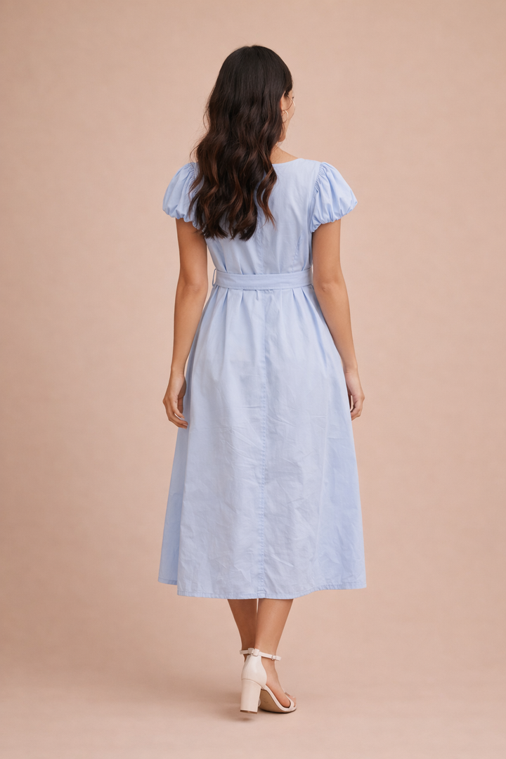 Beatrice Puffed Cap Sleeve Button Down Solid Midi Dress