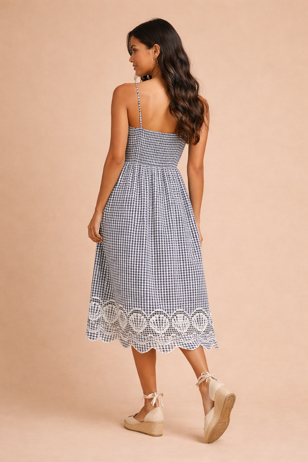 Josephine Embroidered Scallop Hem Gingham Midi Dress
