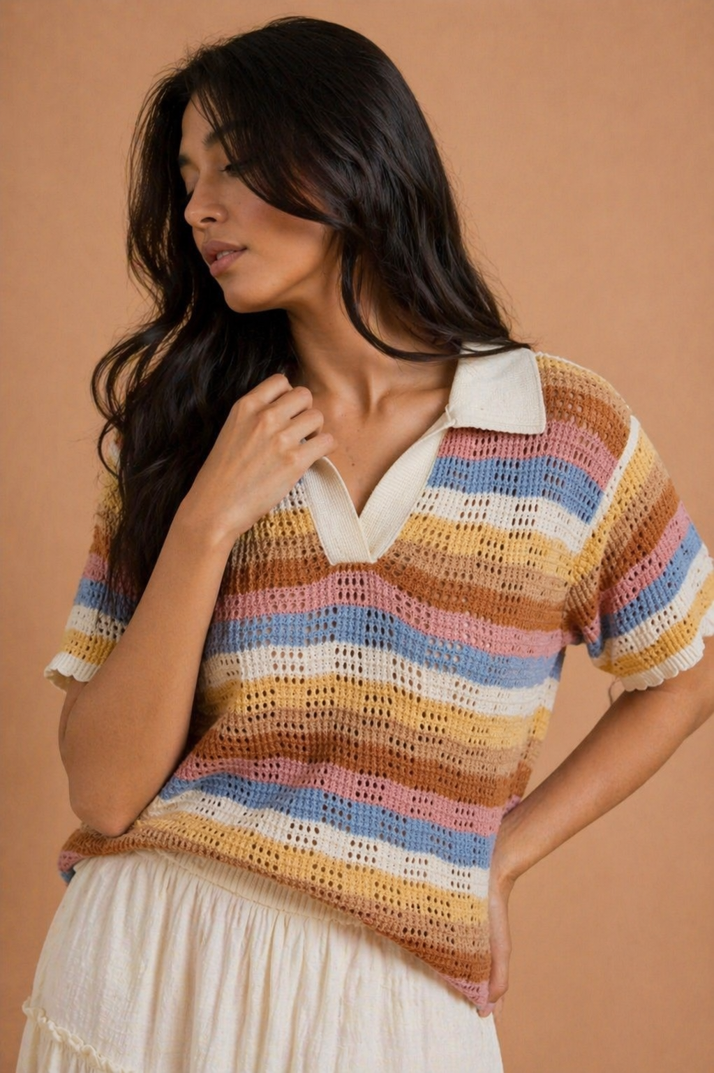 Lydia Scallop Hem Stripe Polo Sweater