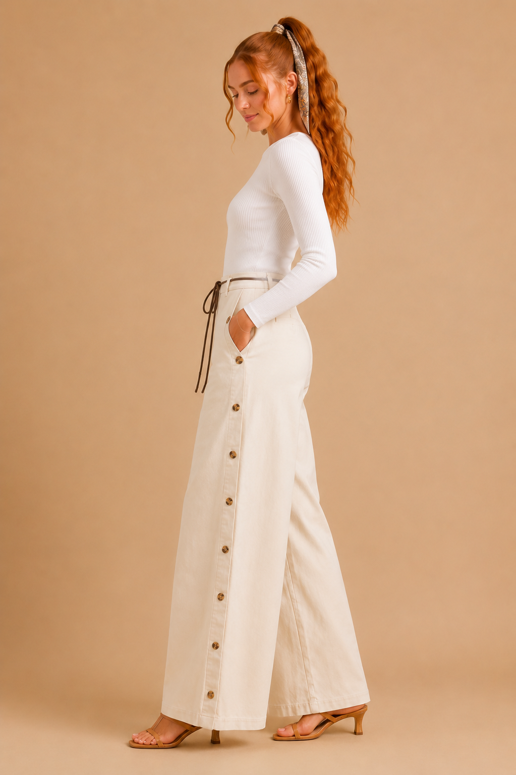 Olivia Button Hem Wide Leg Pant