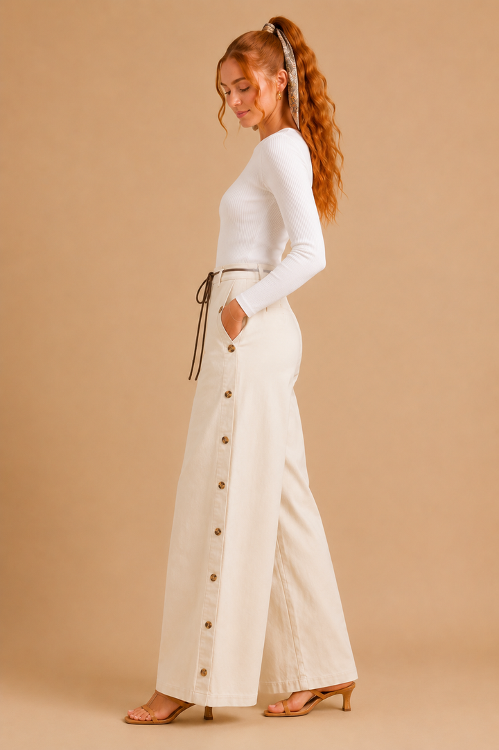 Olivia Button Hem Wide Leg Pant