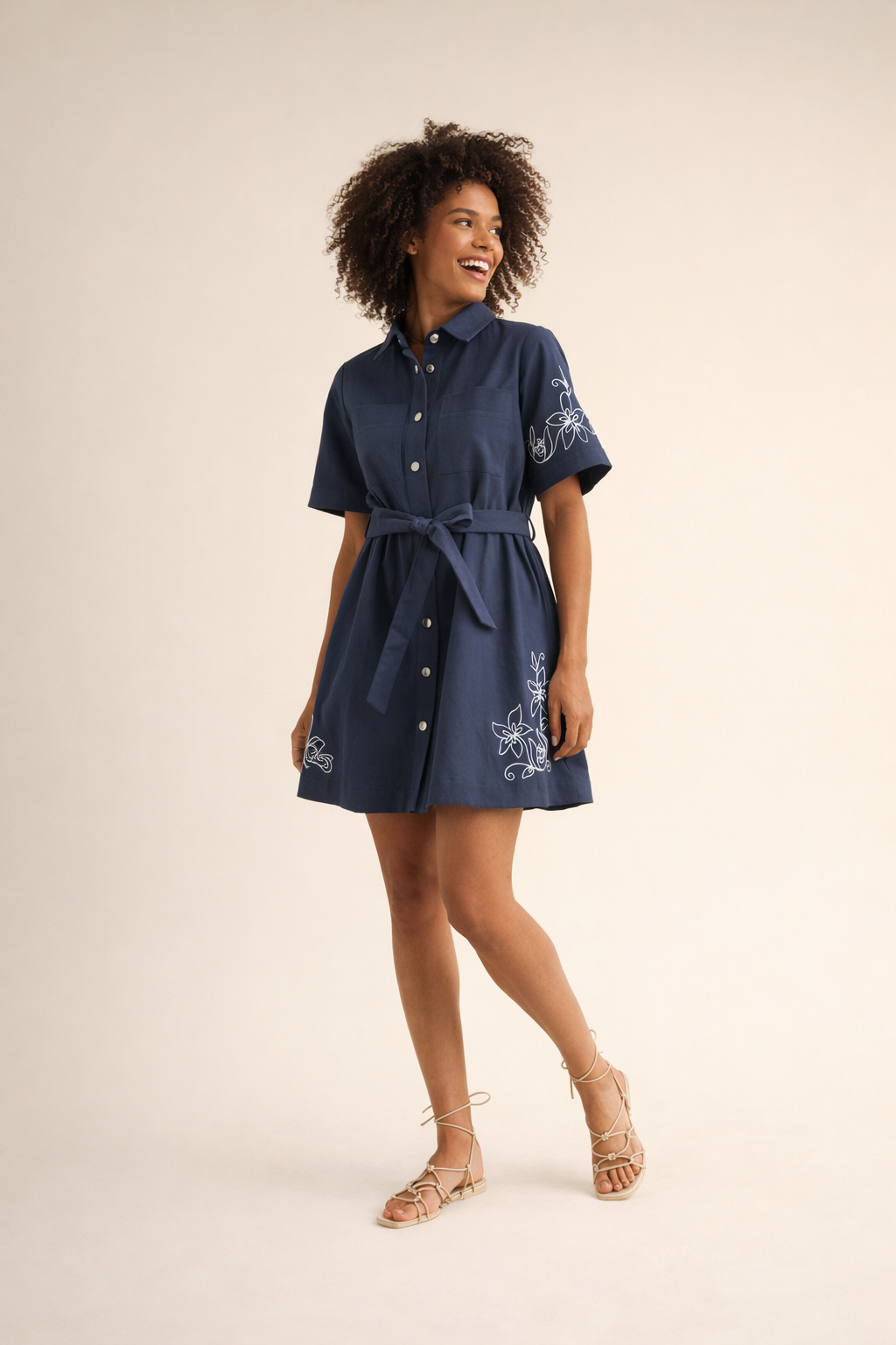 Jade Belted Floral Embroidered Denim Shirt Dress
