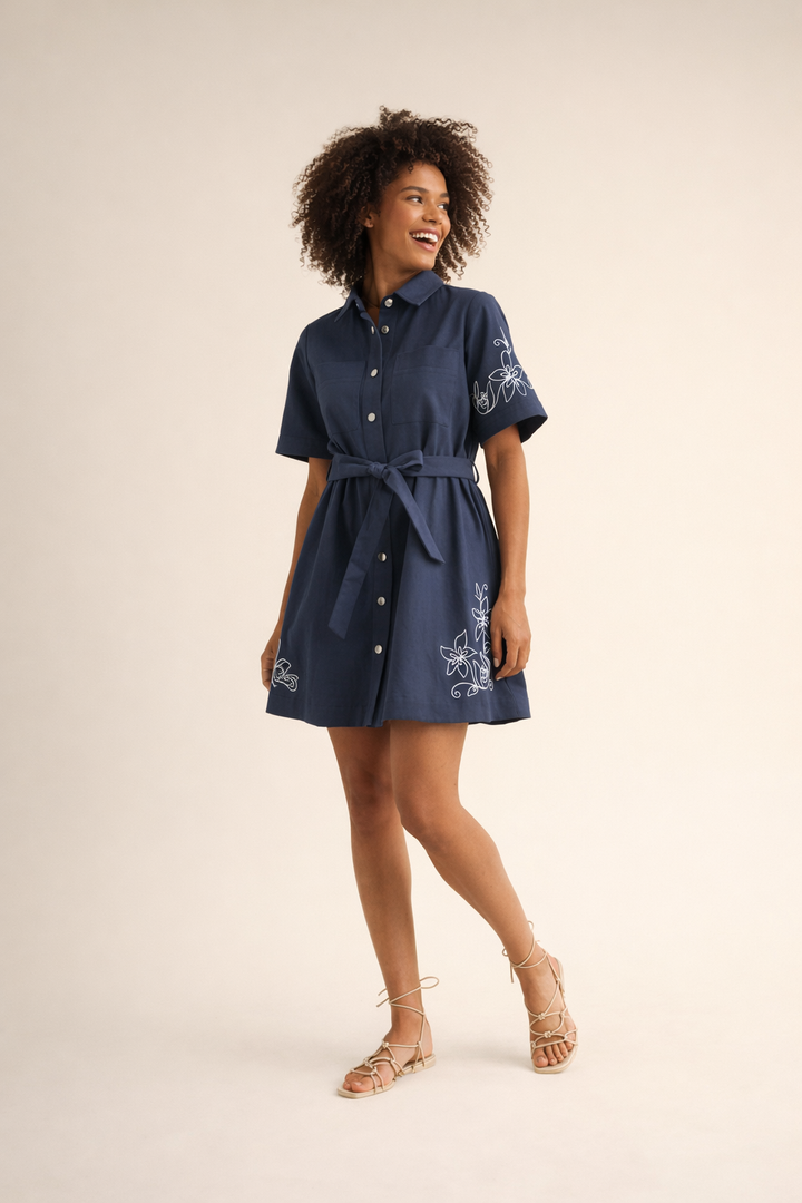 Jade Belted Floral Embroidered Denim Shirt Dress