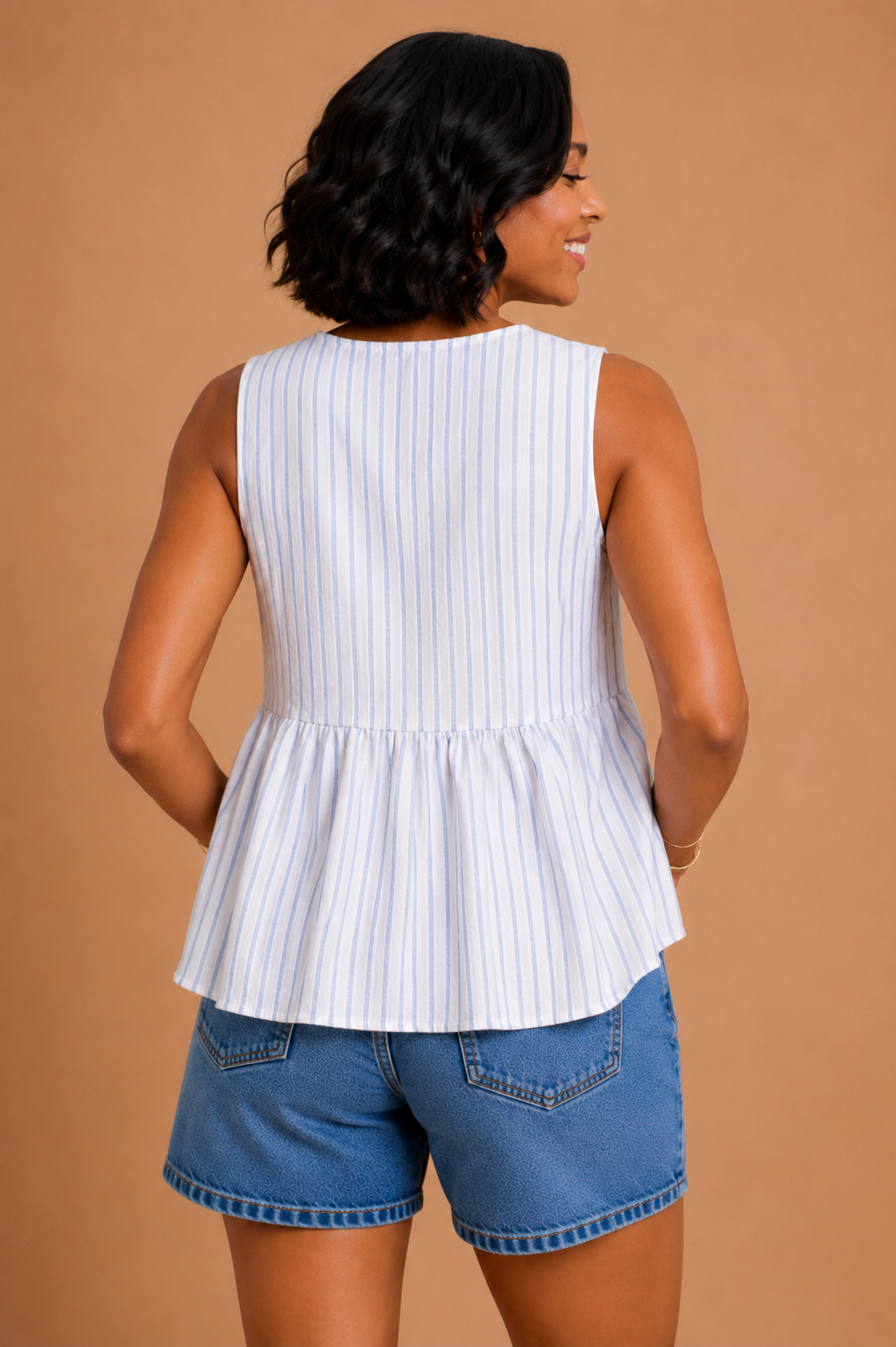Freya Striped Woven V-neck Sleeveless Peplum Top