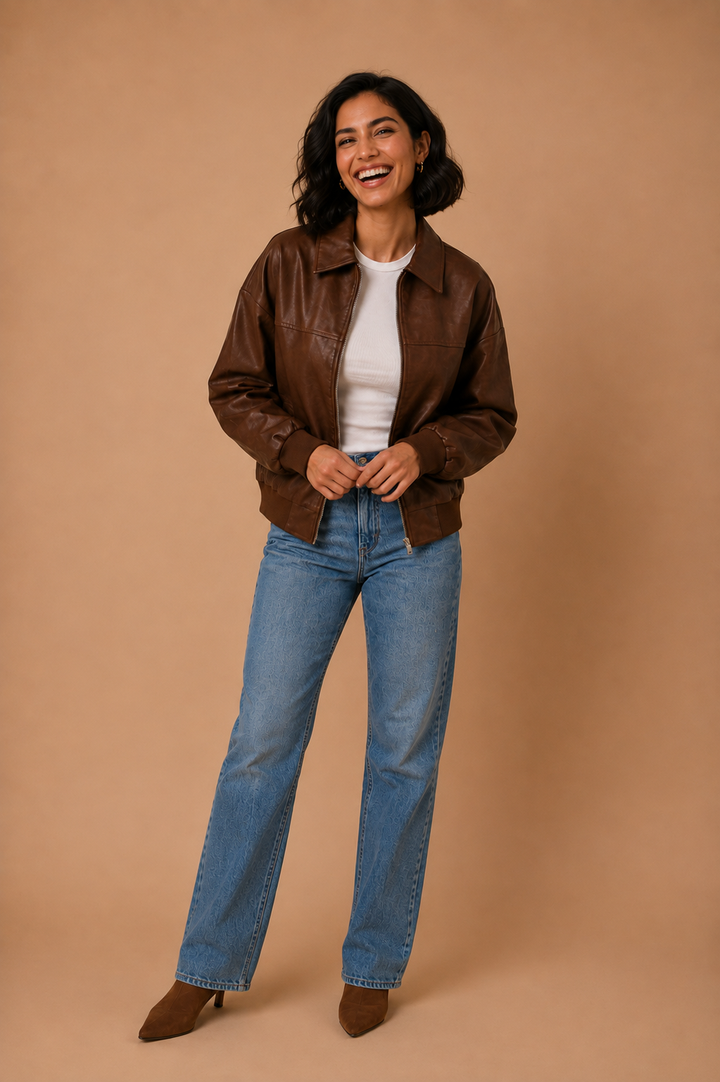 Vivian Vintage Faux Leather Zip Up Bomber Jacket