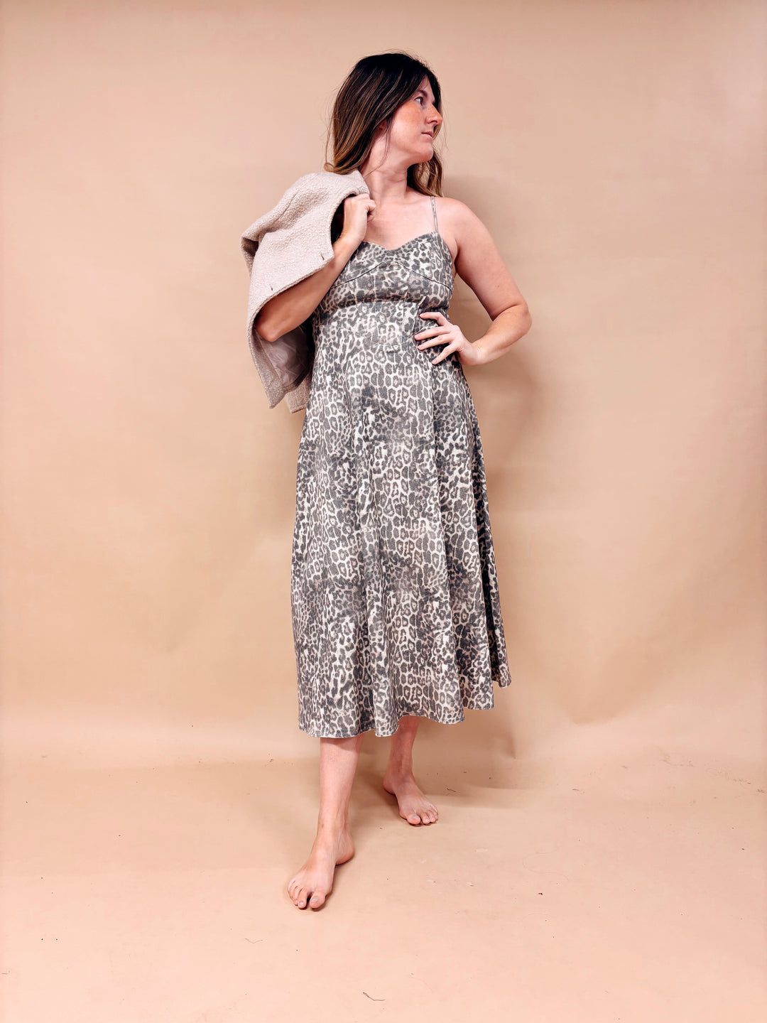 Juliette Bustier Bodice Leopard Print Midi Dress