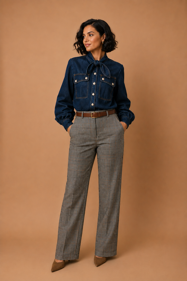Valerie Tie Neck Button Down Denim Top