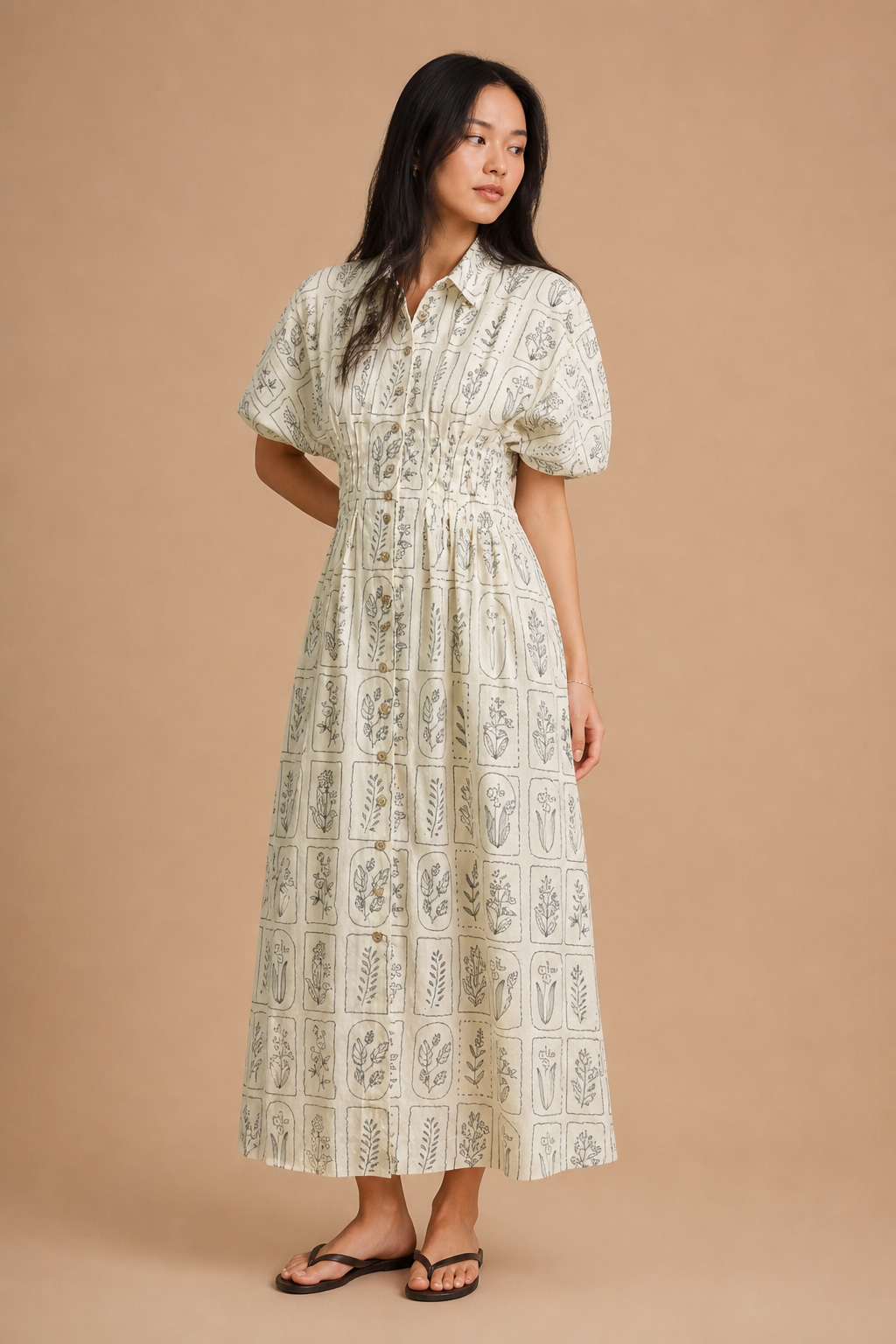 Fiona Garden Plant Print Button Front Shirt Dress